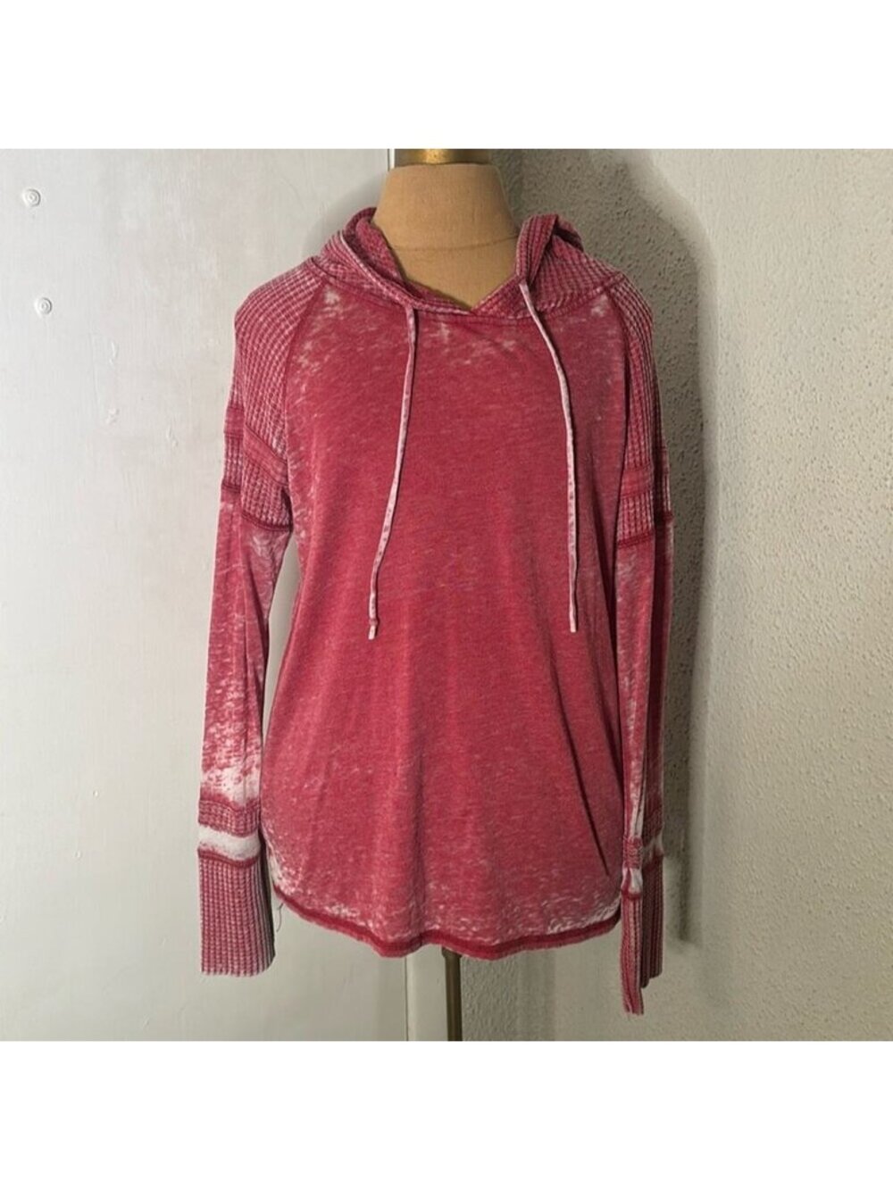 Red Burnout Waffle Knit High Low Long Sleeve Hoodie M Skater Urban